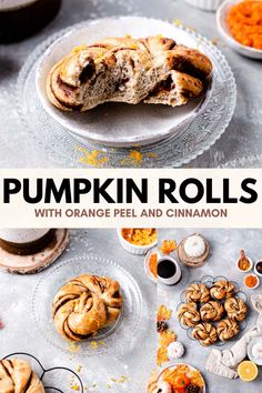 pumpkin rolls with orange peel and cinnamon on the side, surrounded by other baked goods