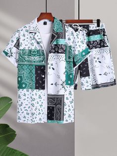 Men Random Paisley Scarf Print Shirt & Shorts Without Tee Multicolor Boho  Short Sleeve Fabric Paisley,Scarf Print  Non-Stretch Summer Men Clothing, size features are:Bust: ,Length: ,Sleeve Length: Xhosa Shirts For Men, Casual Patchwork Sets, Casual Cotton Patchwork Sets, Casual Green Sets With Patchwork, Casual Patterned Cotton Sets, White Patchwork Summer Sets, White Patchwork Sets For Summer, Green Graphic Print Summer Sets, Green Summer Set With Graphic Print