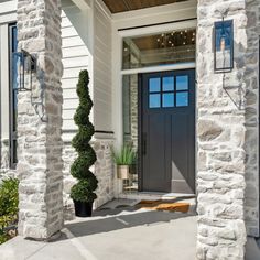 the front entrance to a house with two potted plants on each side and an entry door