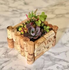 a planter made out of wine corks with succulents in it