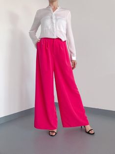 Woman palazzo pants | Etsy Pink Loose Fit Wide Leg Pants, Full Length Pink Wide Leg Pants, Pattern Trousers, Sewing Patterns For Women, Blazer Pattern, Plus Size Patterns, Sewing Instructions, Model Looks, What To Make