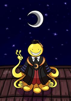 a cartoon character sitting on top of a roof under a moon and stars filled sky