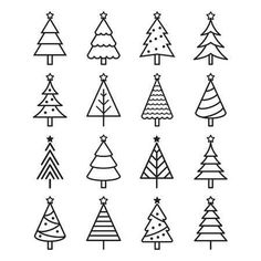 twelve different christmas trees in black and white