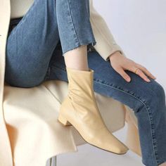 Squared Toe Leather Slimming Boots Sock Boots Yellow/Beige/Black/Coffee Casual Winter Boots With Square Toe, Winter Cream Leather Mid-calf Boots, Beige Mid-calf Heeled Boots For Fall, Cream Pointed Toe Mid-calf Boots For Winter, Cream Round Toe Boots For Fall, Beige High Ankle Boots For Fall, Casual Winter Heeled Boots With Square Toe, Winter Cream Square Toe Boots, Beige Mid-calf Boots For Fall