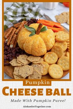 pumpkin cheese ball with crackers and pretzels on a plate for thanksgiving dinner