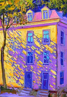 an oil painting of a purple building with blue windows