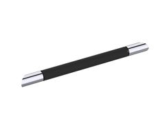 a black and silver pen is on a white surface, with one end pointing upward