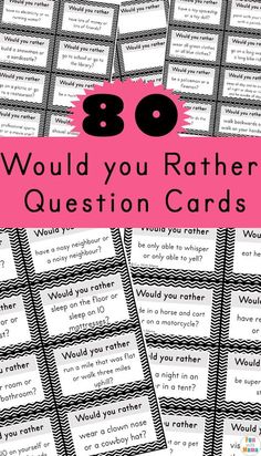 a pile of question cards with the words 80 would you rather have questions?