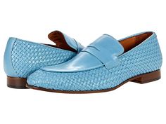 Massimo Matteo Ponte Vecchio Woven Penny - Men's Shoes : Light Blue : The Massimo Matteo Ponte Vecchio Woven Penny is a leather dress shoe that will bring your professional wardrobe to life with a vibrant pop of color! Slip-on loafer features penny strap and closed, rounded toe. Leather lining, insole, and sole. Low stacked heel. Made in Italy. Measurements: Weight: 13 oz Product measurements were taken using size 9, width D - Medium. Please note that measurements may vary by size. Weight of foo Semi-formal Spring Dress Shoes With Leather Sole, Summer Business Loafers With Textured Sole, Summer Formal Plain Toe Loafers, Modern Almond Toe Dress Shoes For Spring, Fitted Leather Loafers For Summer, Spring Business Dress Shoes With Leather Sole, Summer Leather Loafers, Spring Plain Toe Dress Shoes With Leather Sole, Business Slip-ons With Leather Sole For Spring