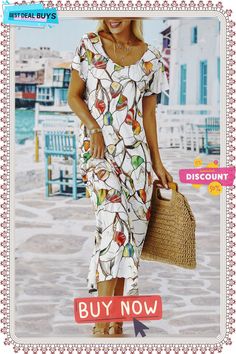 Vacation Floral Loosen U-neck Maxi Short Sleeve Knit Dress White Non-stretch Casual Midi Dress, Casual Non-stretch White Midi Dress, Casual White Maxi Dress For Fall, Casual Multicolor Non-stretch Maxi Dress, Casual Multicolor Midi Dress, Printed Casual Maxi Dress, Casual Non-stretch Printed Maxi Dress, Color Flower, U Neck