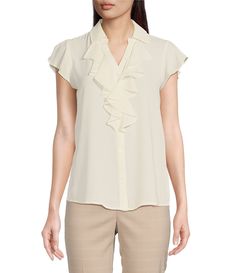 Calvin Klein Georgette Point Collar V-Neck Short Sleeve Ruffled Button Front Blouse | Dillard's Formal V-neck Blouse With Ruffles, Classic Calvin Klein Tops For Spring, V-neck Ruffled Blouse For Work, V-neck Ruffles Blouse For Work, V-neck Ruffle Blouse For Work, Elegant Flutter Sleeve Blouse For Work, Fitted Ruffle Sleeve Blouse, Fitted Blouse With Ruffle Sleeves, Feminine V-neck Blouse With Button Closure