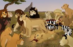 the lion king is surrounded by many different animals in this cartoon style image, including lions and zebras