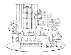 a black and white drawing of a living room with couches, coffee table, potted plants and pictures on the wall