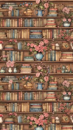 a book shelf filled with lots of books and vases