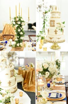 wedding cake, flowers and candles are arranged in four different pictures with gold accents on the table