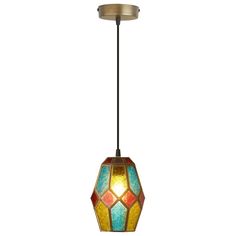 a multicolored glass light hanging from a ceiling fixture