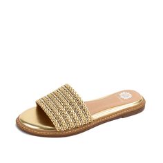 Get ready for compliments with these LASKY slide sandals! The one-band slide features supple faux leather braids with inset rhinestones for instant glam. The wrapped insole, crafted with our Signature Yellow Box High Rebound EVA, makes them perfect for all-day wear. Toe: almond Heel Height: 1 inch Platform Height: 0.75 inches Materials: leather Insole: Yellow Box High Rebound EVA Outsole: rubber Casual Gold Synthetic Slides, Gold Casual Slip-on Slides, Yellow Synthetic Slip-on Slides, Yellow Slip-on Slides With Removable Insole, Yellow Box Shoes, Gold Buckle Closure Slip-on Sandals, Mule Sneakers, Most Comfortable Shoes, Flats For Sale