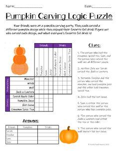 the pumpkin carving log puzzle is shown in this printable worksheet for kids