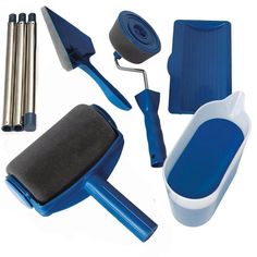 a blue and white set of tools including a spatula, brush, sponge, sandpaper, rollers and other items