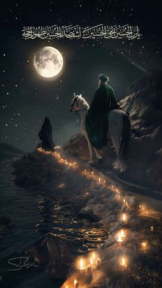 a man riding on the back of a white horse next to a river filled with candles