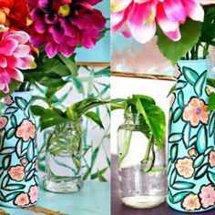 three vases with flowers painted on them