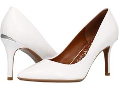 Calvin Klein Gayle Pump - High Heels : White : The Gayle pumps are a must-have staple for your wardrobe this season with an easy slip-on design, a pointed toe, and stiletto heel. Available in a variety of upper materials. Please note: upper material will be listed in color name. Pointed-toe silhouette. Breathable synthetic lining. Lightly padded footbed provides added comfort. Man-made outsole. Imported. Measurements: Heel Height: 3 1 4 in Weight: 7.6 oz Product measurements were taken using size 11, width M. Please note that measurements may vary by size. Pump High Heels, Black And White Outfit, White Crop Top Tank, Heels White, Christian Louboutin So Kate, Dressy Shoes, White Pumps, White Heels, Heidi Klum