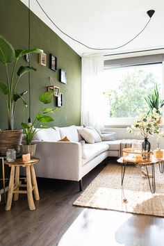 a living room filled with furniture and a large window covered in greenery next to a wooden floor