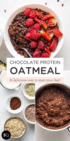 chocolate protein oatmeal recipe with strawberries and raspberries on top