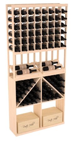 a wooden wine rack filled with lots of bottles