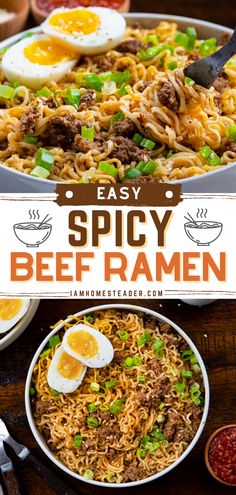 an easy spicy beef ramen recipe with noodles and eggs