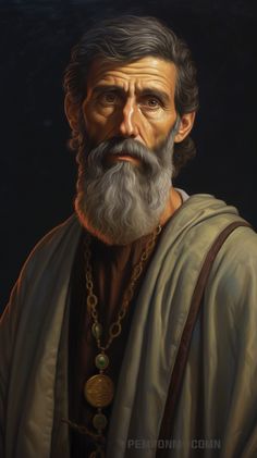 a painting of an old man with a long beard and wearing a chain around his neck