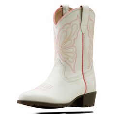 She'll feel like the star of the rodeo in this trend-forward pair. Pink butterfly stitching pops against the white suede and looks so cute with jeans or dresses. Heritage Butterfly Western Boot | Product Features : 0 : 4LR™ technology provides lightweight support and stability, 1 : Durable and flexible TPR sole, 2 : Three-row stitch pattern with embroidery, 3 : Easy pull-on style, 4 : Ariat is including you in its dedication to environmental stewardship. By purchasing this product, you are suppo Toddler Cowboy Boots, Western Boot, Pink Butterfly, Kids Boots, Western Boots, Leather Working, Big Kids, Rodeo, Stitch Pattern