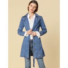 Add some elegance to your ensemble courtesy of this jacket that boasts a denim design and a long, flowing fit. It's cut with structured denim that has front pockets, a notched collar, and a belt at the waist. A wardrobe staple to see you through the season, it is an effortless look for any ensemble. Wear them on those tricky in-between-season days and pair them with straight-leg jeans and ankle boots. Chic Denim Blue Button-up Outerwear, Single-breasted Cotton Denim Jacket With Notch Lapel, Single Breasted Cotton Denim Jacket With Notch Lapel, Double-breasted Denim Outerwear With Button Closure, Double-breasted Denim Jacket For Fall Workwear, Denim Notch Lapel Outerwear With Button Closure, Denim Outerwear With Notch Lapel And Button Closure, Spring Outerwear With Hidden Button Closure And Long Sleeves, Chic Dark Wash Button-up Outerwear