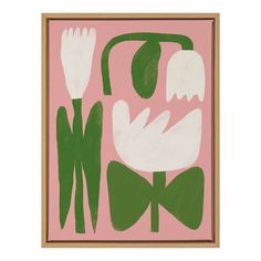 a pink and green painting with white flowers