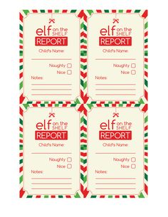 three christmas gift tags with the words elf report on them