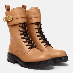 Safety Pin Leather Boots In Caramel Safety Pin Hardware Lace Up Outer Fabric: 100% Leather Insole: 100% Leather Sole: 100% Rubber Made In Italy Size 40 Versace Safety Pin, Versace Boots, Pointy Boots, Peep Toe Boots, Gold Boots, Studded Ankle Boots, Knee Length Boots, Versace Shoes, Ankle Shoes