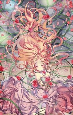 a girl with long hair and flowers in her hair is surrounded by pink roses, while she