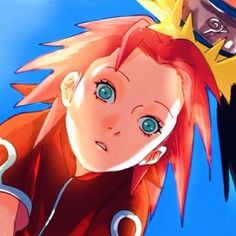 two anime characters one with red hair and the other blue eyes, are facing opposite directions