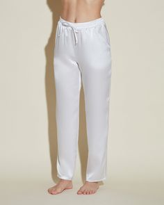 Silk pants designed for sleepwear or loungewear. Luxurious 100% silk. Drawstring waist with silk tie. Wide leg style full length pants. Hand wash in cold water, do not dry in dryer. Bridal Trousseau, Paisley Embroidery, Luxury Sleepwear, Full Length Pants, Silk Pant, White Pajamas, Mens Sleepwear, New Bra, Pajama Pant