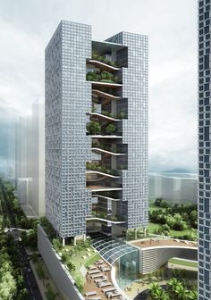 an artist's rendering of a tall building with plants growing on the top floor