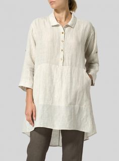 Linen Classic Collar A Shape Tunic Spring Linen Tunic For Loungewear, Lagenlook Long Sleeve Linen Tunic, Beige Linen Tunic With Relaxed Fit, Linen Tunic For Loungewear, Beige Lagenlook Linen Dress, Linen Tunic Dress, Beautiful Casual Dresses, Tunic Designs, Trendy Blouses