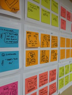 many sticky notes are posted on the wall next to each other in different colors and shapes