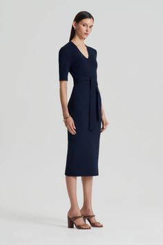 CREPE KNIT V NECK DRESS - NAVY - Scanlan Theodore Knit V Neck, Scanlan Theodore, Dress Short Sleeve, Elbow Sleeve, Fitted Silhouette, Dress Short, V Neck Dress, The Knee, Neck Dress