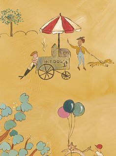 an illustration of children playing in the sand with balloons and umbrellas on a sunny day