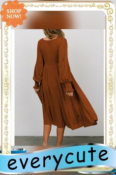 Brown Polka Dot Pleated V Neck Long Sleeve Dress Brown Long Sleeve Solid Midi Dress, Brown Long Sleeve Midi Dress, Flowy Solid Color Midi Dress For Fall, Solid Billowy Dress For Fall, Billowy Solid Color Dress For Fall, Billowy Knee-length Dress For Fall, Billowy Knee-length Fall Dress, Billowy Fall Dress, Fall Polka Dot V-neck Midi Dress