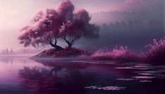 a painting of trees and water in the middle of a foggy landscape with pink flowers