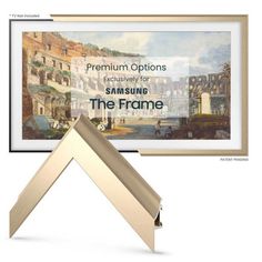 the frame is made from wood and has an image of a town on it, with text that reads premium options exclusively for samsung the frame