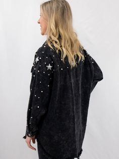 We love that denim jackets are back in full force, and we love even more that they are bejeweled and bedazzled and all the other things. Pair this pearl and star details jacket casually or dress it up with a plain dress for a concert night. SIZE & FIT Fit is true to size Oversized fit Model is 5'6" wearing size small Long Sleeve Cotton Outerwear For Party, Cotton Long Sleeve Outerwear For Party, Cotton Long Sleeve Party Outerwear, Fall Denim Jacket With Star Print, Long Sleeve Denim Jacket With Star Print, Winter Party Denim Jacket With Long Sleeves, Winter Party Denim Jacket Long Sleeve, Casual Denim Jacket For Party In Winter, Party Denim Jacket With Embellished Long Sleeves