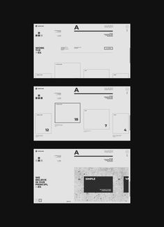 three different types of web pages with black and white background