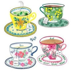 four teacups and saucers with flowers on them, each painted in different colors